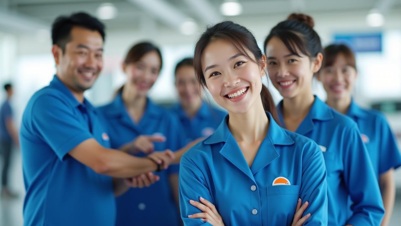 日本のレンタカーサービスのチームメンバーが笑顔で、顧客サービスの重要性を表現しているイメージ