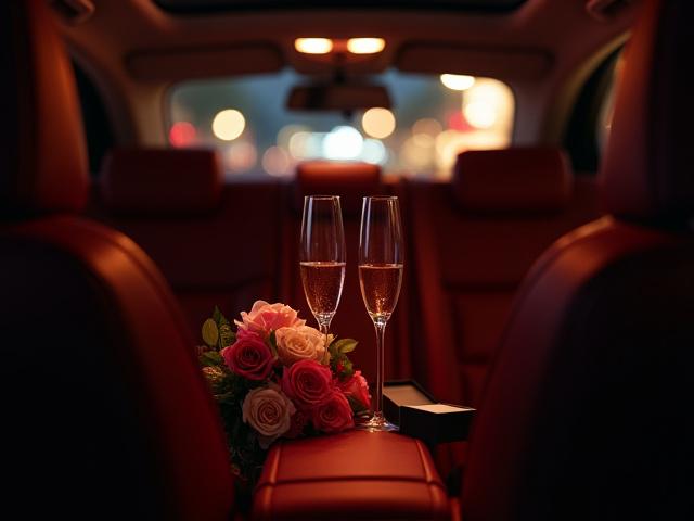 豪華な花束とシャンパンが置かれた車の後部座席で祝うカップル